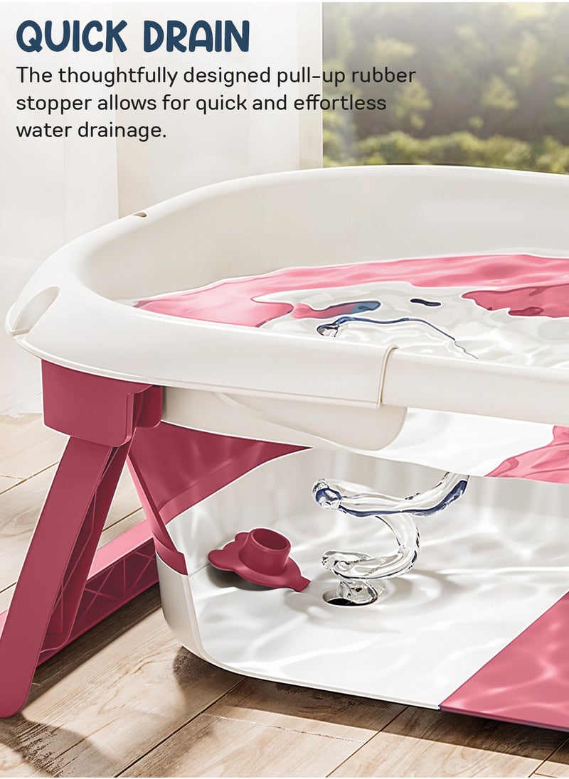 Collapsible Baby Bath Tub for Kids with Temperature Sensing Display Anti Slip Base Drainer Foldable Kids Bathtub for Baby 0 to 3 Years Pink