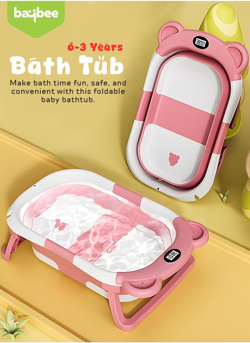 Collapsible Baby Bath Tub for Kids with Temperature Sensing Display Anti Slip Base Drainer Foldable Kids Bathtub for Baby 0 to 3 Years Pink