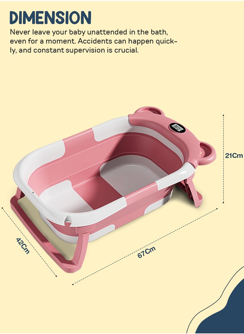 Collapsible Baby Bath Tub for Kids with Temperature Sensing Display Anti Slip Base Drainer Foldable Kids Bathtub for Baby 0 to 3 Years Pink