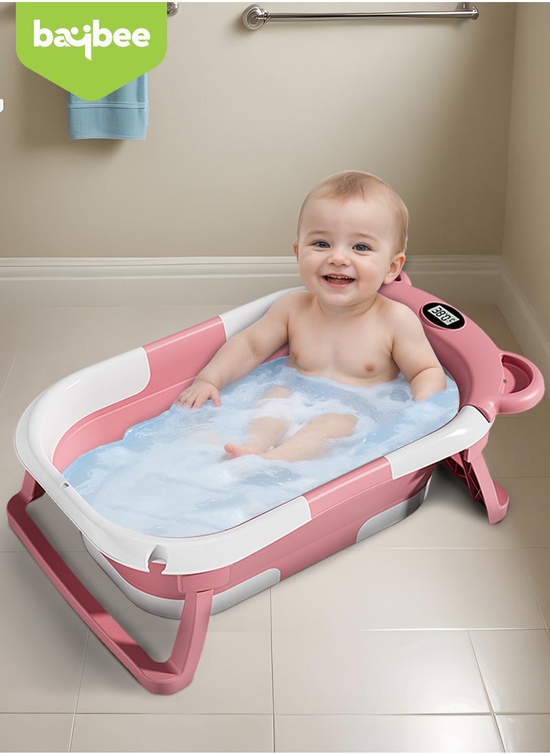 Collapsible Baby Bath Tub for Kids with Temperature Sensing Display Anti Slip Base Drainer Foldable Kids Bathtub for Baby 0 to 3 Years Pink