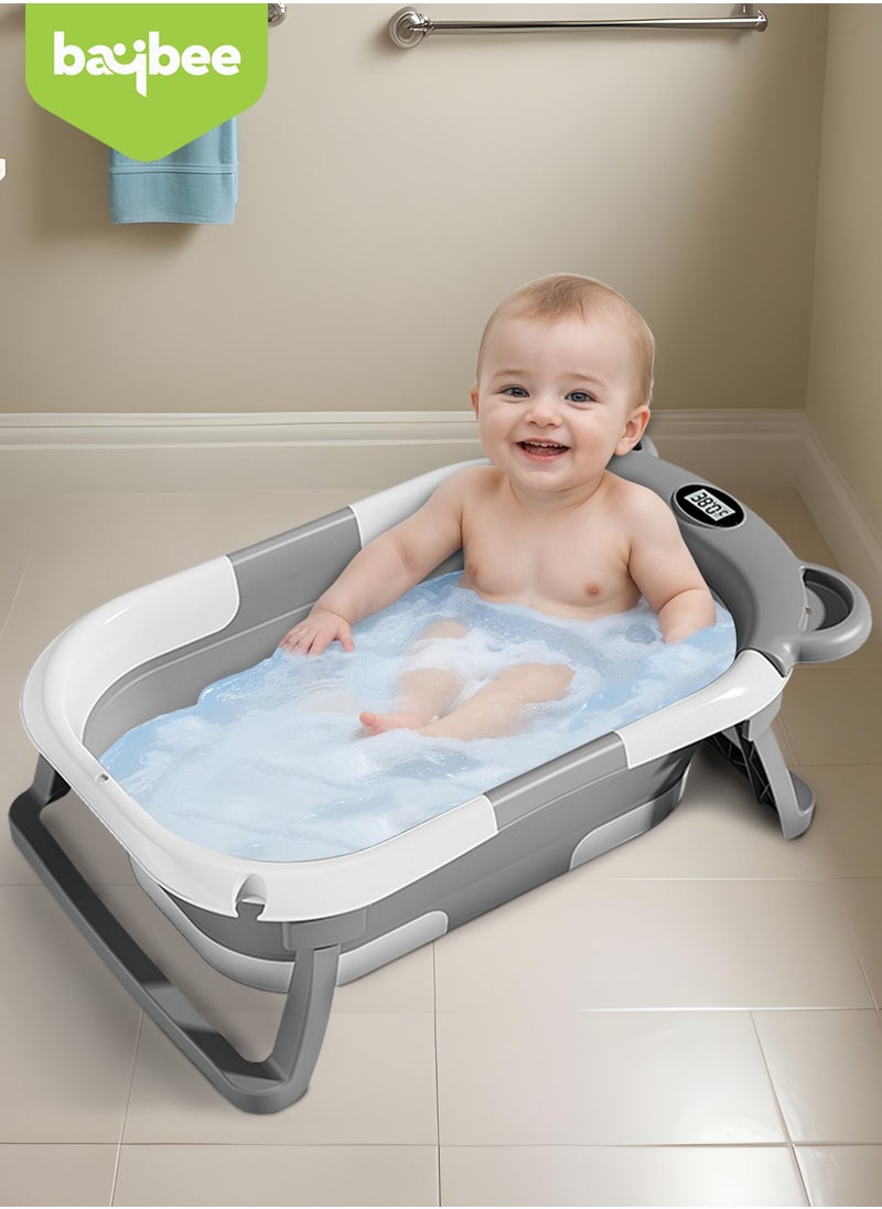 Collapsible Baby Bath Tub for Kids with Temperature Sensing Display Anti Slip Base Drainer Foldable Kids Bathtub for Baby 0 to 3 Years Grey