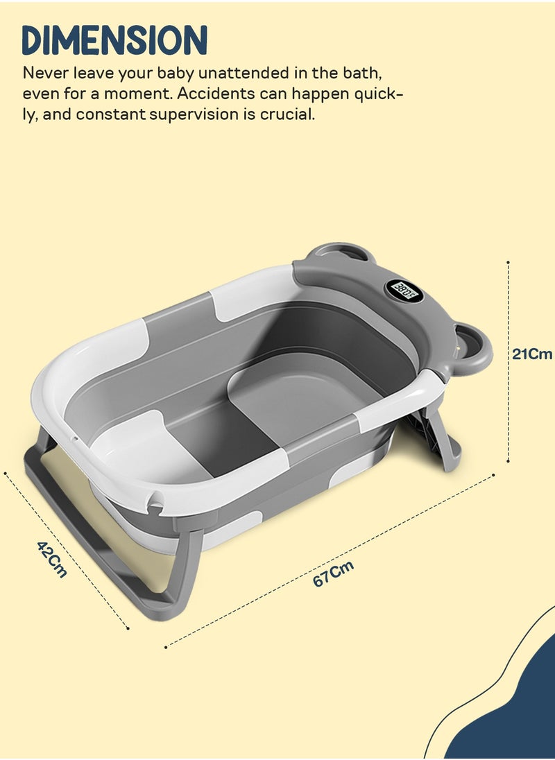 Collapsible Baby Bath Tub for Kids with Temperature Sensing Display Anti Slip Base Drainer Foldable Kids Bathtub for Baby 0 to 3 Years Grey