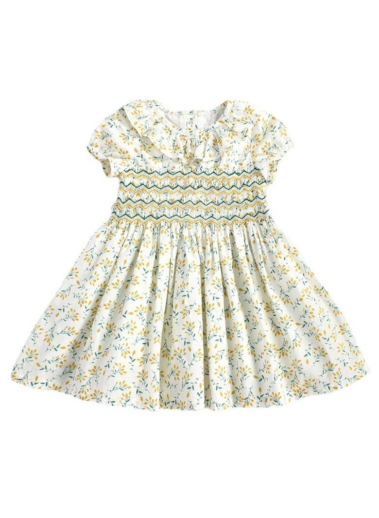 Elegant Beige Cotton Dress for Girls Age 1-7 | Yellow & Green Floral Design | Lightweight, and Comfortable Party Wear for Toddlers