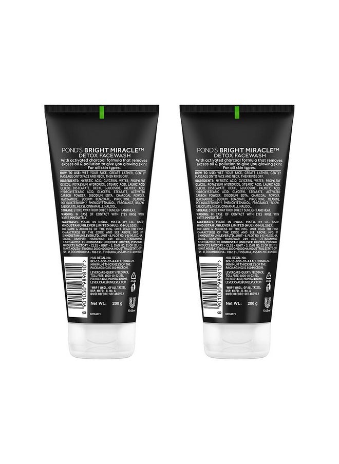 Ponds Bright Miracle Detox Facewash With 10X Power Of Charcoal, 200Gm (Pack Of 2)