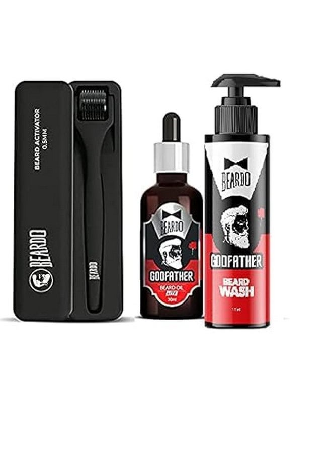 Godfather Beard Pro Combo |Godfather Beard Oil 30Ml, Godfather Beard Wash 100Ml, Beard Activator 0.5Mm Derma Roller | Gift For Men