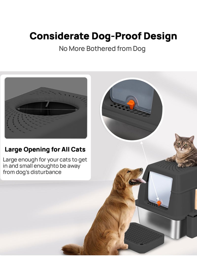 Cat Litter Box with Lid Extra Large Litter Box for Big Cats Metal Litter Pan Tray with High Wall Sides Enclosure, Non-Sticky, Anti-Leakage, Easy Cleaning