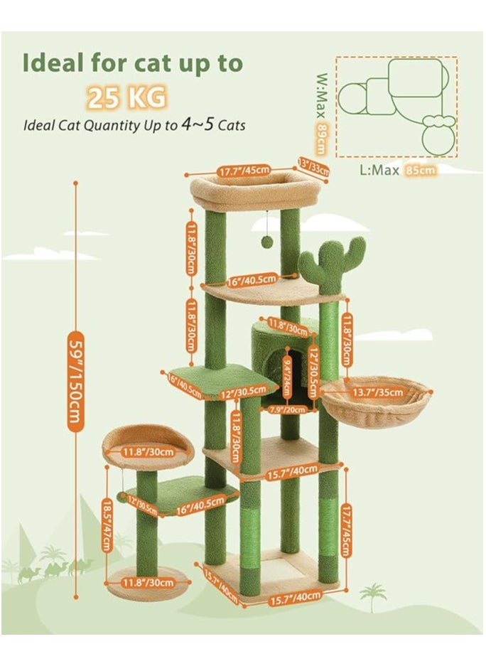 150cm Cactus Cat Tree, Tall Cat Tree for Large Cat, Multi-Level Cat Tower, Cat Tree for Indoor Cats, Cat Condo with Large Hammock, Scratching Post, and 2 Perches (Green)