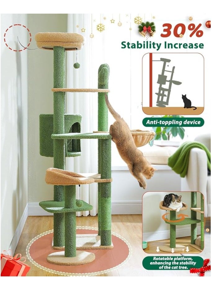 150cm Cactus Cat Tree, Tall Cat Tree for Large Cat, Multi-Level Cat Tower, Cat Tree for Indoor Cats, Cat Condo with Large Hammock, Scratching Post, and 2 Perches (Green)
