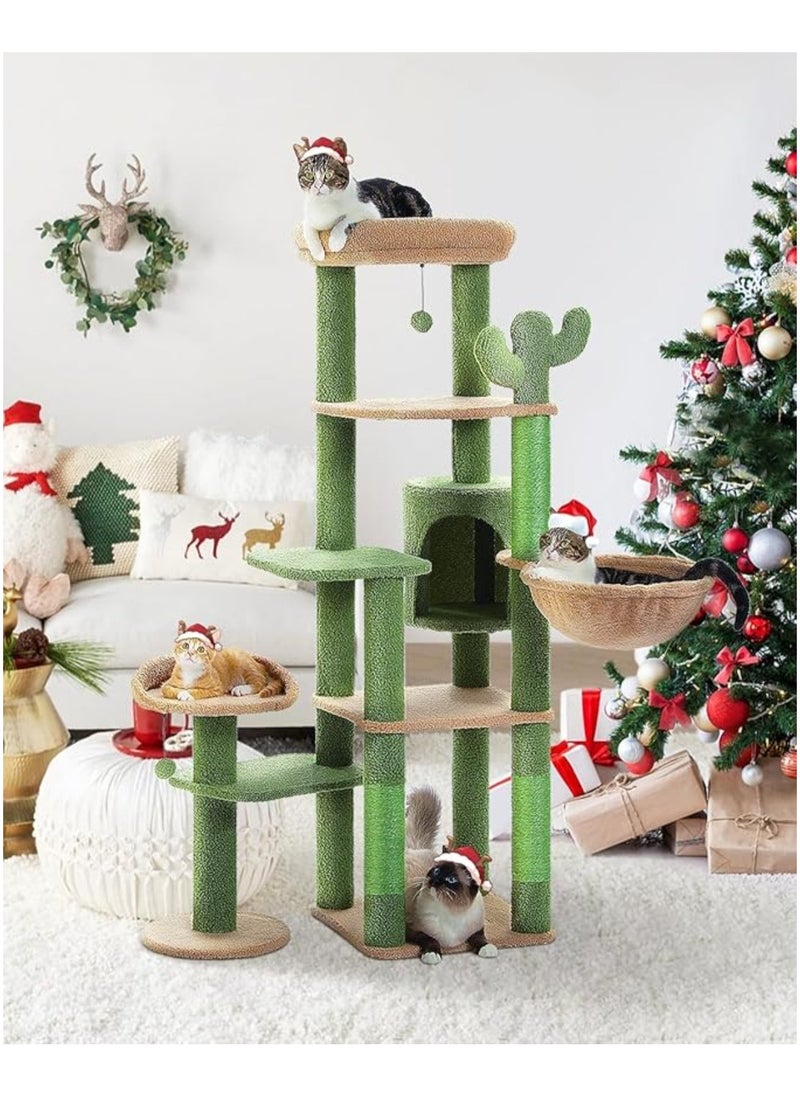 150cm Cactus Cat Tree, Tall Cat Tree for Large Cat, Multi-Level Cat Tower, Cat Tree for Indoor Cats, Cat Condo with Large Hammock, Scratching Post, and 2 Perches (Green)