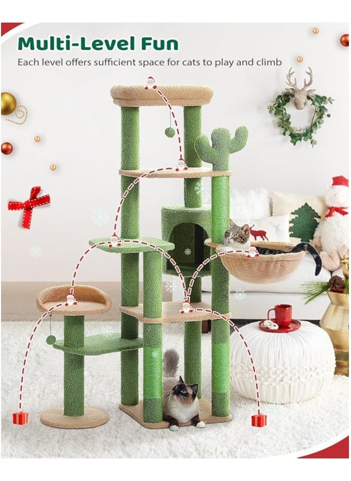 150cm Cactus Cat Tree, Tall Cat Tree for Large Cat, Multi-Level Cat Tower, Cat Tree for Indoor Cats, Cat Condo with Large Hammock, Scratching Post, and 2 Perches (Green)
