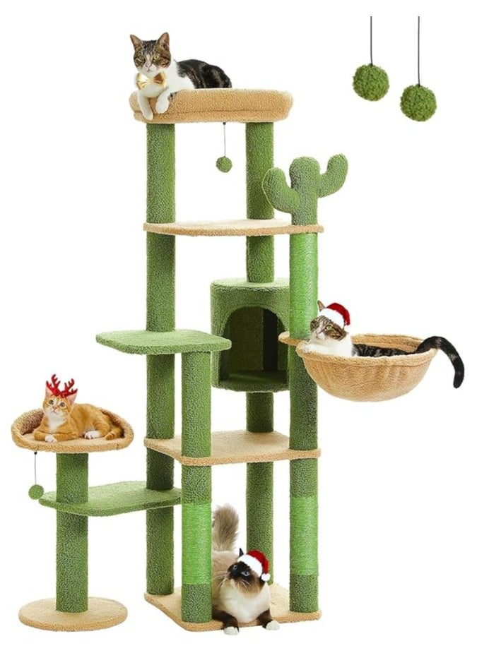 150cm Cactus Cat Tree, Tall Cat Tree for Large Cat, Multi-Level Cat Tower, Cat Tree for Indoor Cats, Cat Condo with Large Hammock, Scratching Post, and 2 Perches (Green)