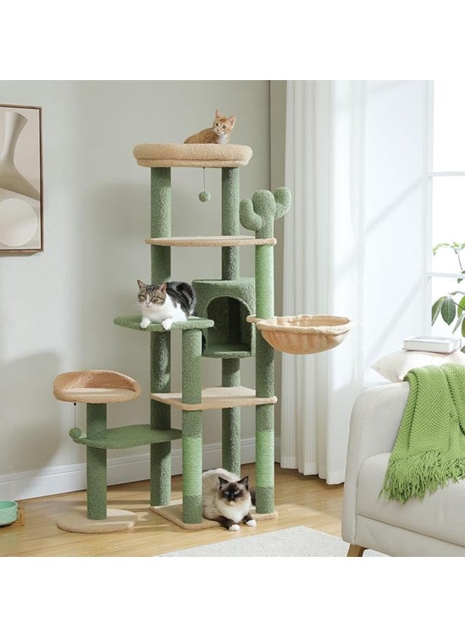 150cm Cactus Cat Tree, Tall Cat Tree for Large Cat, Multi-Level Cat Tower, Cat Tree for Indoor Cats, Cat Condo with Large Hammock, Scratching Post, and 2 Perches (Green)