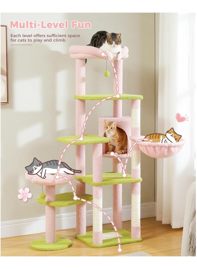 150cm Cactus Cat Tree, Tall Cat Tree for Large Cat, Multi-Level Cat Tower, Cat Tree for Indoor Cats, Cat Condo with Large Hammock, Scratching Post, and 2 Perches (Pink)