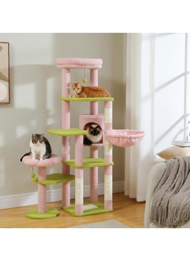 150cm Cactus Cat Tree, Tall Cat Tree for Large Cat, Multi-Level Cat Tower, Cat Tree for Indoor Cats, Cat Condo with Large Hammock, Scratching Post, and 2 Perches (Pink)