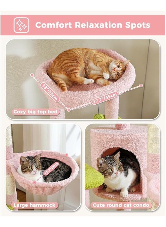 150cm Cactus Cat Tree, Tall Cat Tree for Large Cat, Multi-Level Cat Tower, Cat Tree for Indoor Cats, Cat Condo with Large Hammock, Scratching Post, and 2 Perches (Pink)