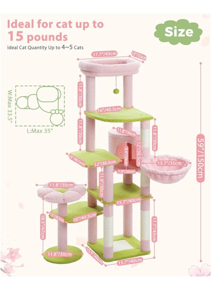 150cm Cactus Cat Tree, Tall Cat Tree for Large Cat, Multi-Level Cat Tower, Cat Tree for Indoor Cats, Cat Condo with Large Hammock, Scratching Post, and 2 Perches (Pink)