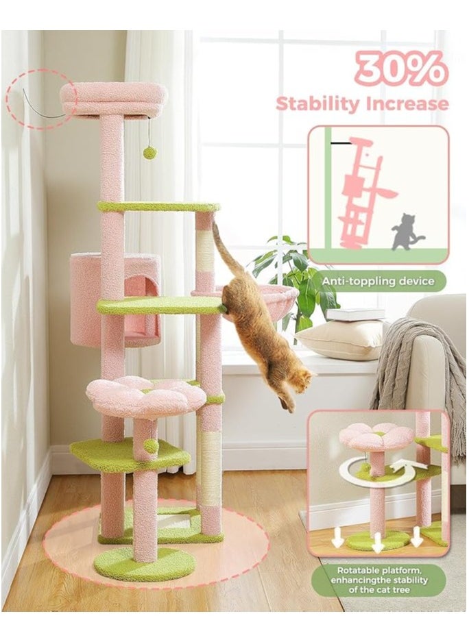150cm Cactus Cat Tree, Tall Cat Tree for Large Cat, Multi-Level Cat Tower, Cat Tree for Indoor Cats, Cat Condo with Large Hammock, Scratching Post, and 2 Perches (Pink)