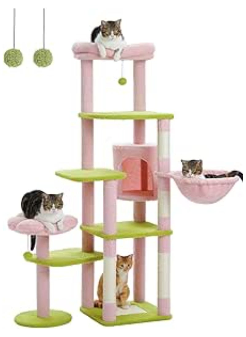150cm Cactus Cat Tree, Tall Cat Tree for Large Cat, Multi-Level Cat Tower, Cat Tree for Indoor Cats, Cat Condo with Large Hammock, Scratching Post, and 2 Perches (Pink)