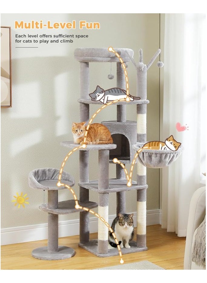 150cm Cactus Cat Tree, Tall Cat Tree for Large Cat, Multi-Level Cat Tower, Cat Tree for Indoor Cats, Cat Condo with Large Hammock, Scratching Post, and 2 Perches (Grey)