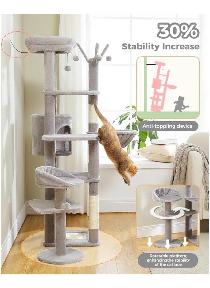 150cm Cactus Cat Tree, Tall Cat Tree for Large Cat, Multi-Level Cat Tower, Cat Tree for Indoor Cats, Cat Condo with Large Hammock, Scratching Post, and 2 Perches (Grey)