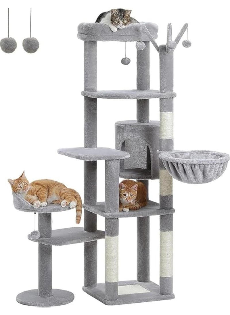 150cm Cactus Cat Tree, Tall Cat Tree for Large Cat, Multi-Level Cat Tower, Cat Tree for Indoor Cats, Cat Condo with Large Hammock, Scratching Post, and 2 Perches (Grey)