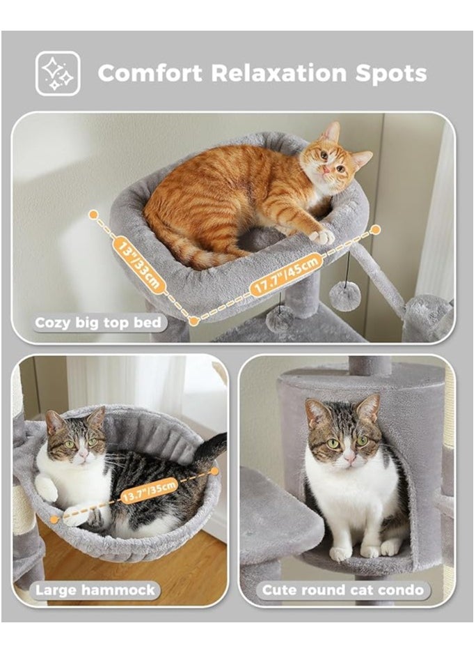 150cm Cactus Cat Tree, Tall Cat Tree for Large Cat, Multi-Level Cat Tower, Cat Tree for Indoor Cats, Cat Condo with Large Hammock, Scratching Post, and 2 Perches (Grey)