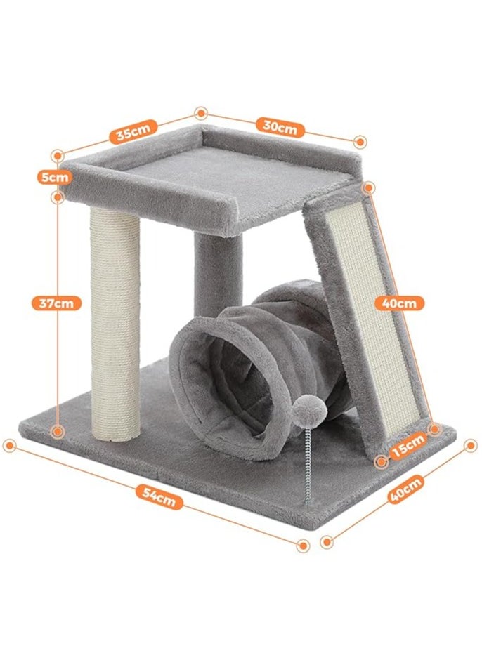 Small Cat Tree with Cat Play Tunnel, 4-in-1 Cat Tower Cat Scratching Post with Large Top Cat Perch and Scratching Board for Indoor Cats