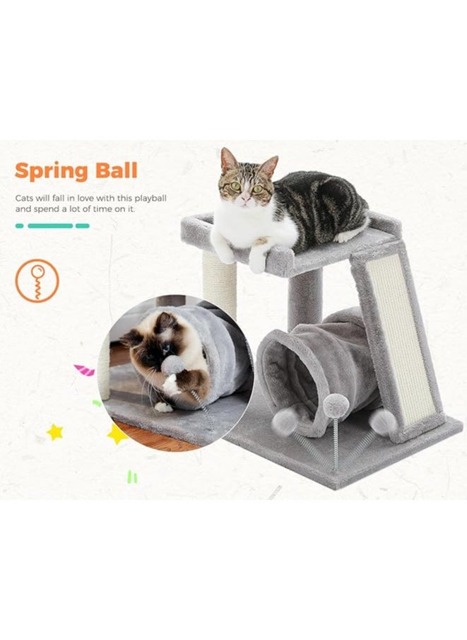 Small Cat Tree with Cat Play Tunnel, 4-in-1 Cat Tower Cat Scratching Post with Large Top Cat Perch and Scratching Board for Indoor Cats