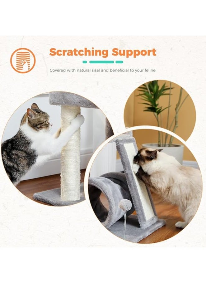 Small Cat Tree with Cat Play Tunnel, 4-in-1 Cat Tower Cat Scratching Post with Large Top Cat Perch and Scratching Board for Indoor Cats