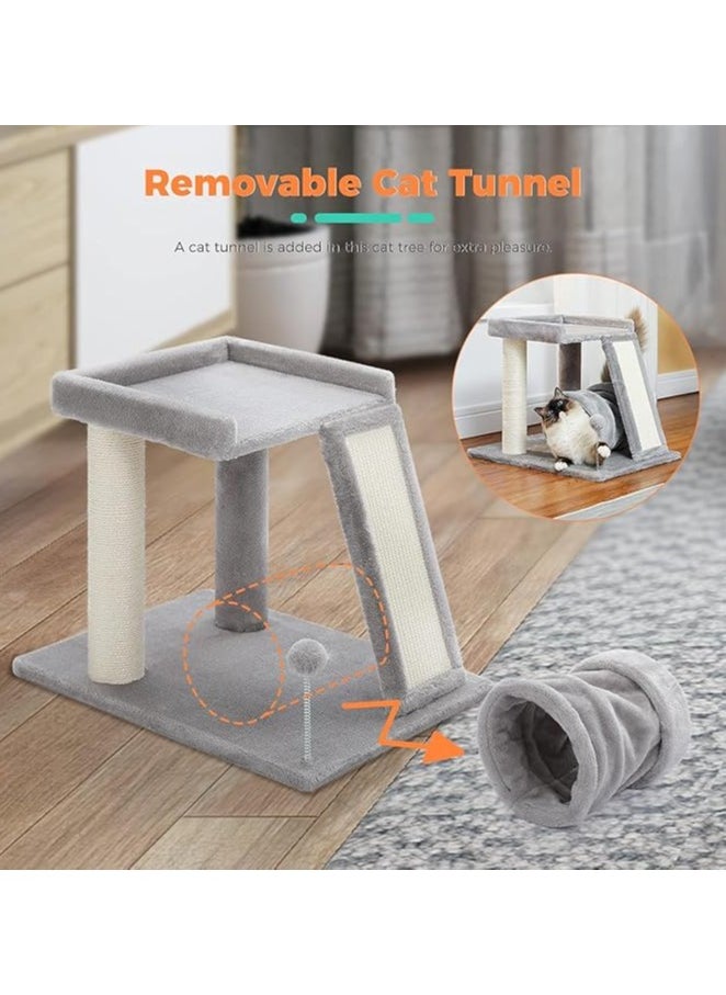 Small Cat Tree with Cat Play Tunnel, 4-in-1 Cat Tower Cat Scratching Post with Large Top Cat Perch and Scratching Board for Indoor Cats