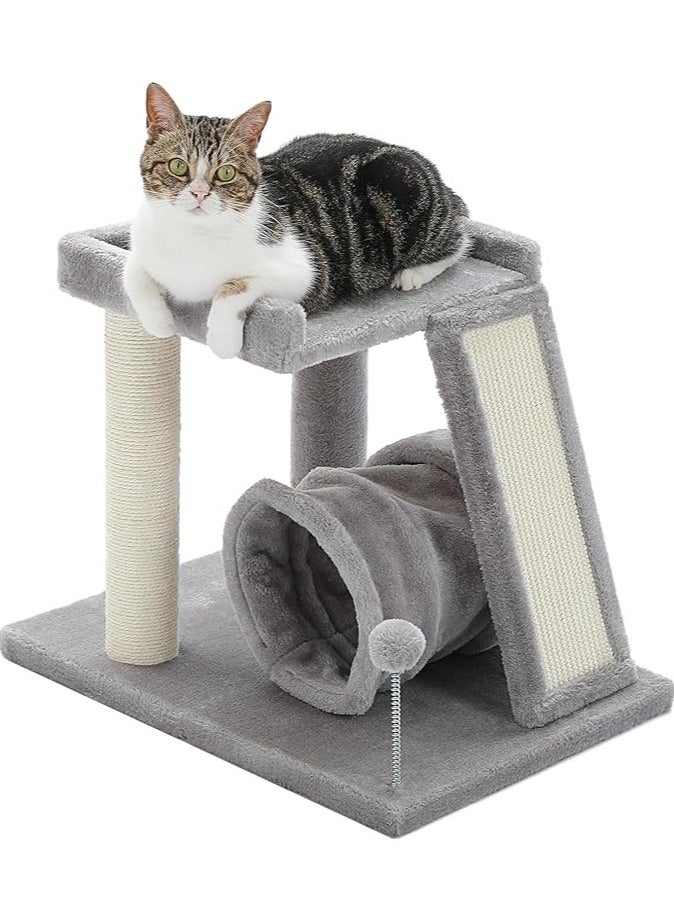 Small Cat Tree with Cat Play Tunnel, 4-in-1 Cat Tower Cat Scratching Post with Large Top Cat Perch and Scratching Board for Indoor Cats