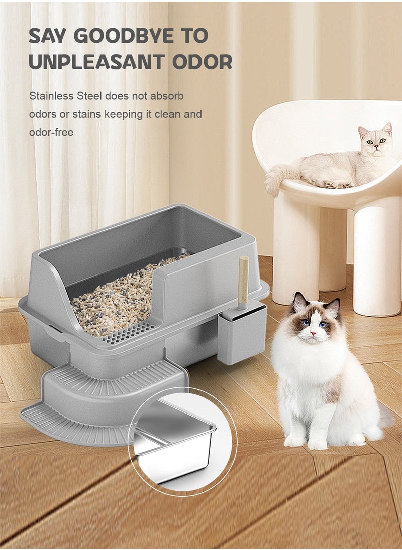 Stainless Steel Cat Litter Box with Shovel Thickened Durable Anti-Corrosion Cat Toilet Open Pedal Pet