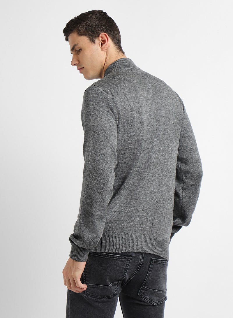 Mid Grey Mel Regular Fit Sweater for Men - 100% Acrylic, Self Design, Mock Neck, Full Sleeves, Casual, Machine Wash