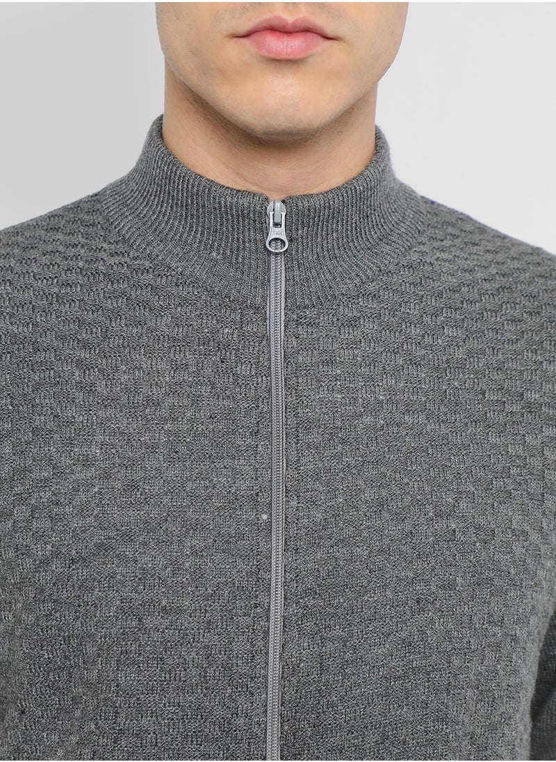 Mid Grey Mel Regular Fit Sweater for Men - 100% Acrylic, Self Design, Mock Neck, Full Sleeves, Casual, Machine Wash