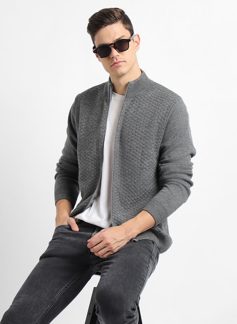 Mid Grey Mel Regular Fit Sweater for Men - 100% Acrylic, Self Design, Mock Neck, Full Sleeves, Casual, Machine Wash