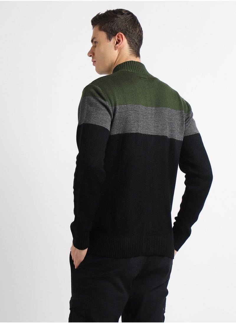 Olive Regular Fit Sweater for Men - 100% Acrylic, Colourblocked, Mock Neck, Full Sleeves, Casual, Machine Wash