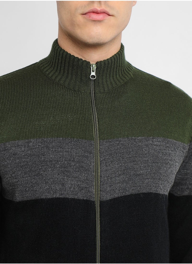 Olive Regular Fit Sweater for Men - 100% Acrylic, Colourblocked, Mock Neck, Full Sleeves, Casual, Machine Wash