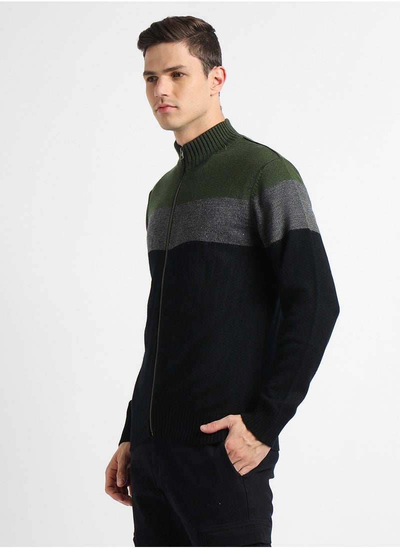 Olive Regular Fit Sweater for Men - 100% Acrylic, Colourblocked, Mock Neck, Full Sleeves, Casual, Machine Wash