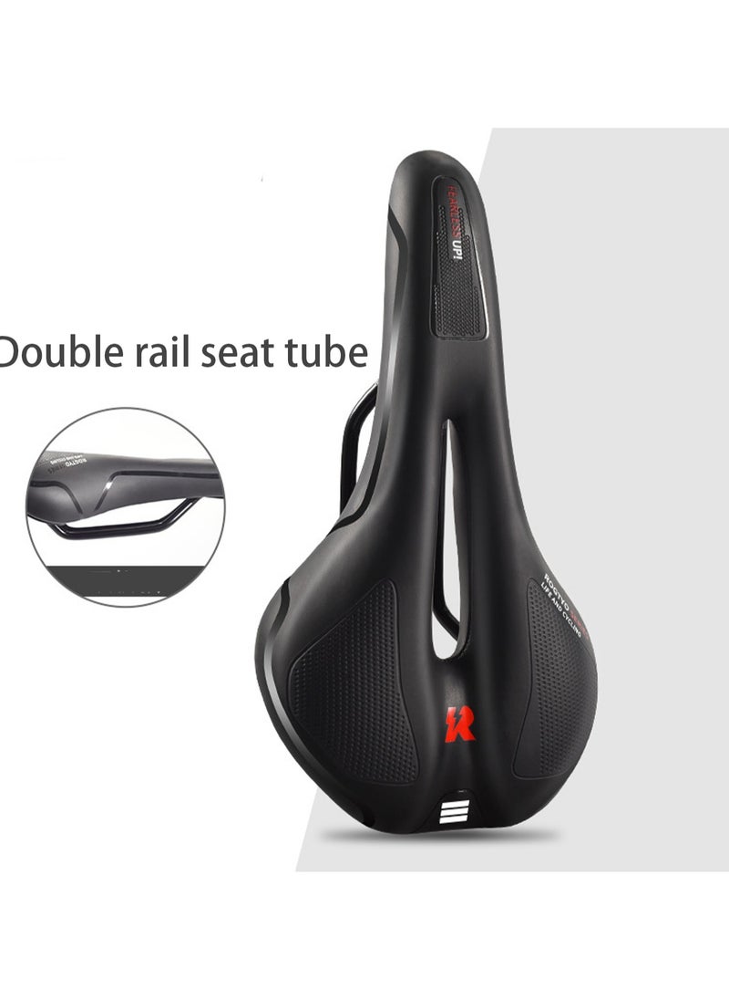 Black And Red Double Track Seat Tube Cycling Cushion Shock-Absorbing Mountain Bike Saddle, Super Soft Seat Thickened Shock Absorption