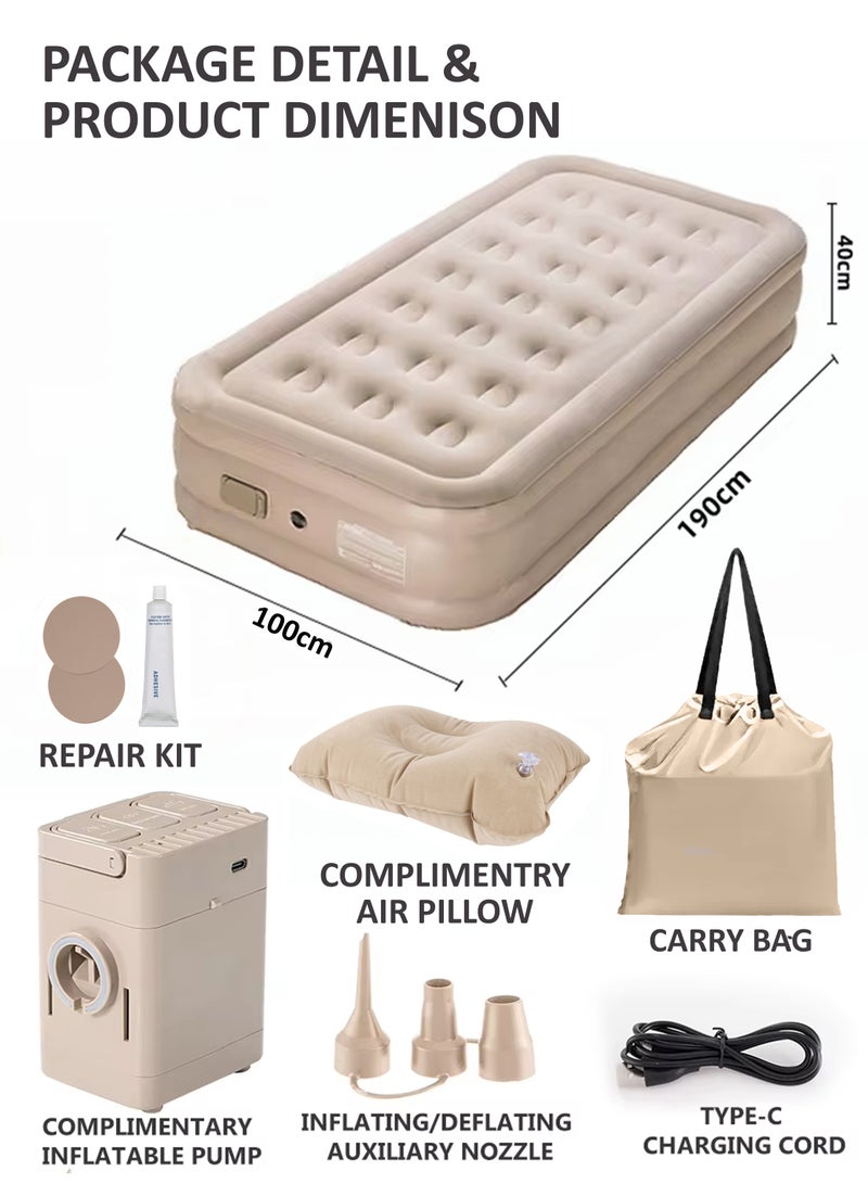 Durable Air Mattress With Pillow Single Size Inflatable Camping Bed Sleeping Mat with Built in Rechargeable Air Pump Self Inflation Waterproof Blow up Airbed One Button Inflate and Deflate for Home, Outdoor Adventures, Hiking, Travel, Sleepovers, Picnics, and Guest Bed Use Ultra Plush Technology 190x40x100cm