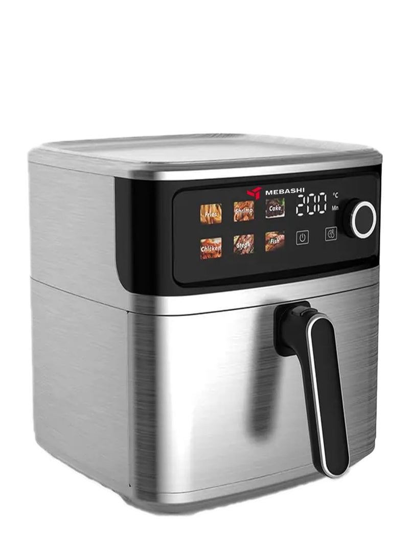 MEBASHI Air Fryer, 8L Capacity, Stainless Steel, LED Display, 6 Presets, 75-200°C, Cool-to-touch housing, Auto shut-off, Air outlet filter, Visible pan (ME-AF955)(2000W)