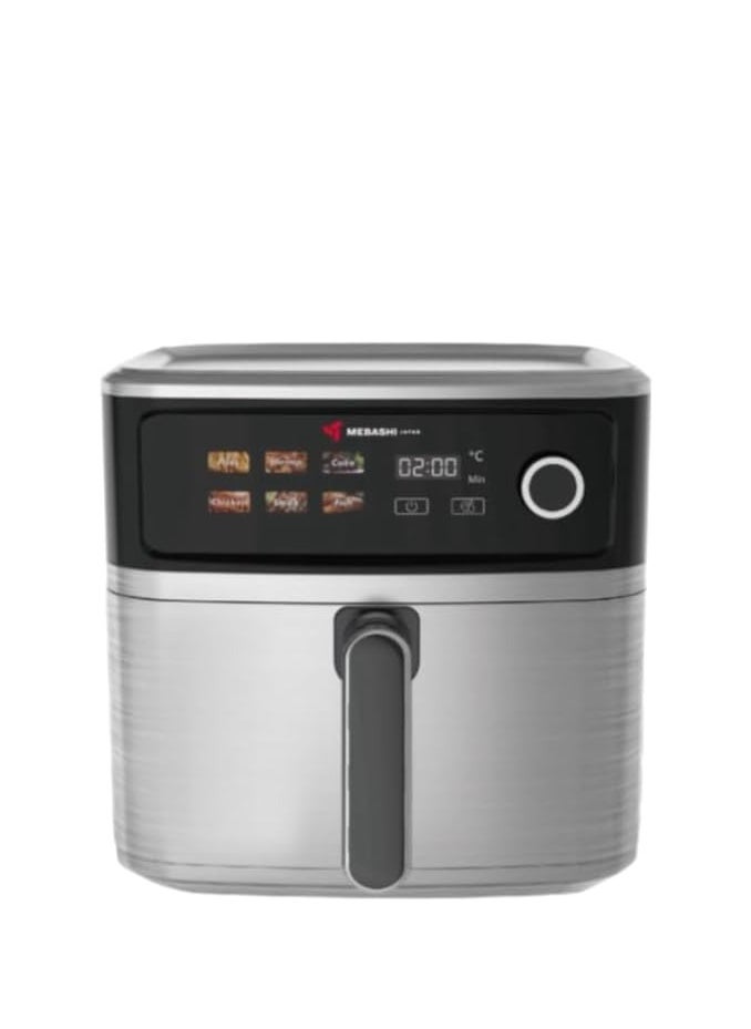 MEBASHI Air Fryer, 8L Capacity, Stainless Steel, LED Display, 6 Presets, 75-200°C, Cool-to-touch housing, Auto shut-off, Air outlet filter, Visible pan (ME-AF955)(2000W)