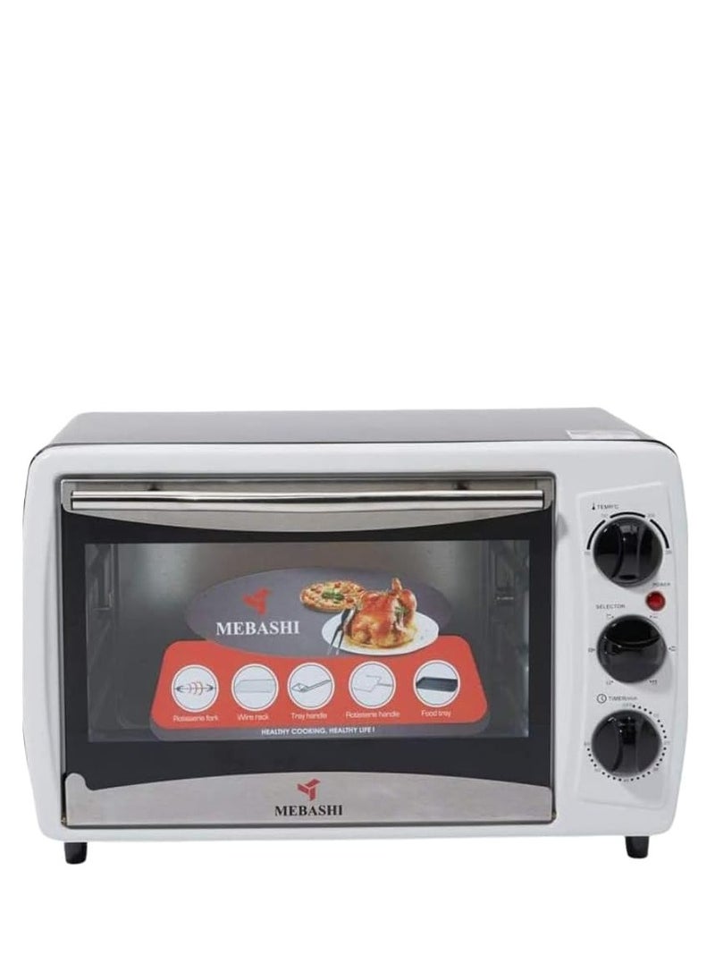 MEBASHI 19L Electric Oven Toaster, White, 100-250°C Temperature, 60 Minutes Timer,(1380W) Rotisserie Function (ME-EOV1901KR)