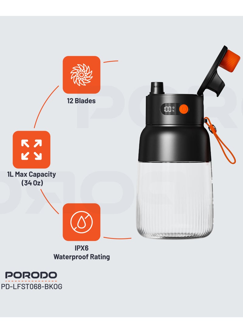 Portable Blender 1L with LED Display / 12 Stainless Steel Blades / Blend and Sip / Quick Prep Time / Blend on the Go - Black/Orange