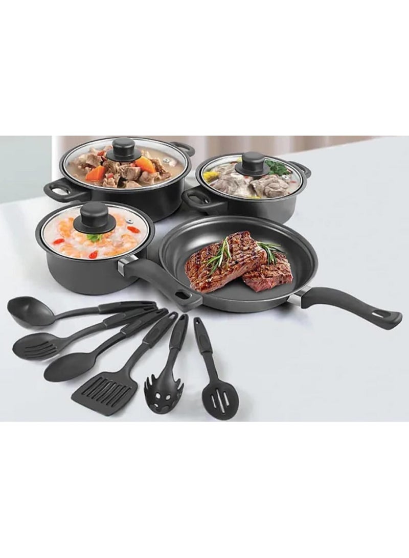 13-Piece Scratch-Resistant Cast Iron Non-Stick Kitchen Cookware Set with Tempered Glass Lids, Heat-Resistant Handles, and Multi-Hob Compatibility, Length 27.5cm