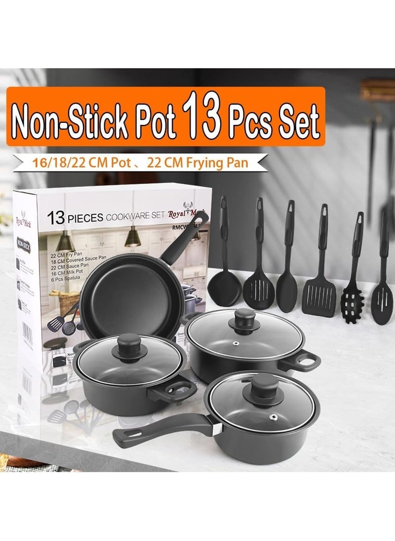 13-Piece Scratch-Resistant Cast Iron Non-Stick Kitchen Cookware Set with Tempered Glass Lids, Heat-Resistant Handles, and Multi-Hob Compatibility, Length 27.5cm