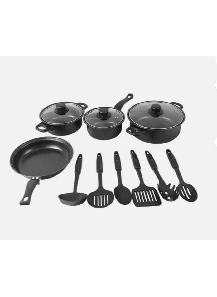 13-Piece Scratch-Resistant Cast Iron Non-Stick Kitchen Cookware Set with Tempered Glass Lids, Heat-Resistant Handles, and Multi-Hob Compatibility, Length 27.5cm