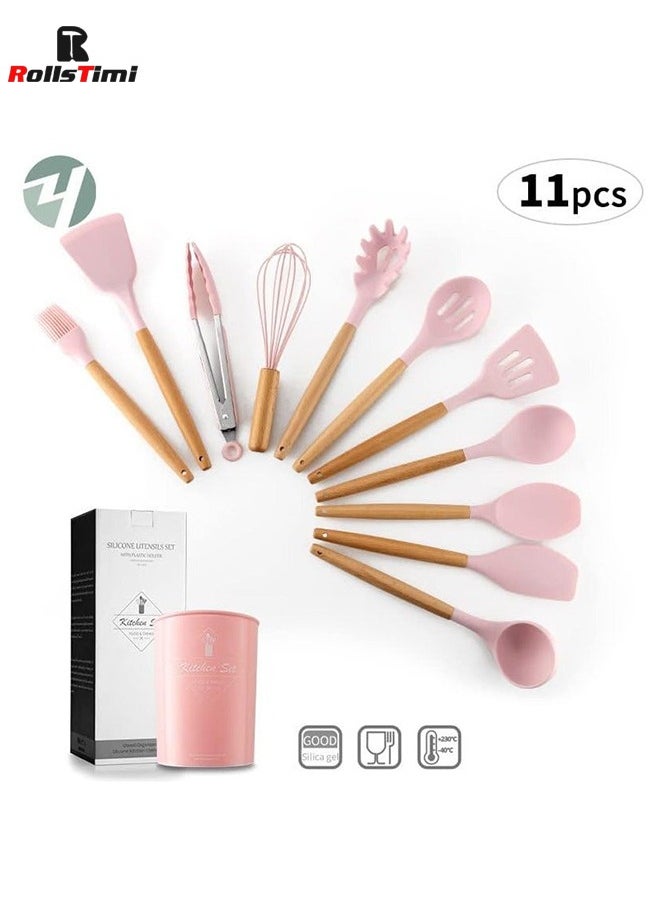 11 Piece Barreled Cooking Utensils Set With Wooden Handle Pink/Brown