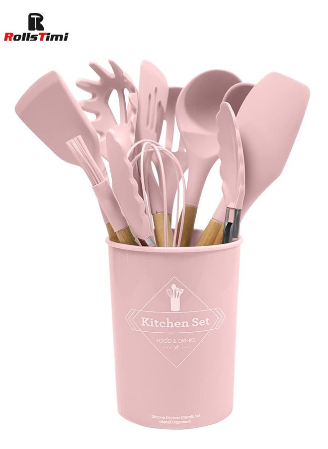 11 Piece Barreled Cooking Utensils Set With Wooden Handle Pink/Brown