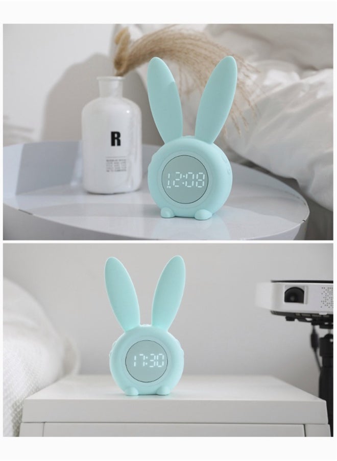 Green Rabbit Alarm Clock, SYOSI Luminous Rabbit Alarm Clock Cartoon Rabbit Lamp LED Silicone Bed Light Multifunctional Home Desktop Decorations Timed Night Light for Kids with Lithium Battery